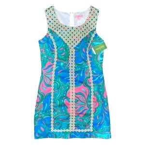 Lilly Pulitzer Sheath Dress 8 MacFarlane Retro Blue Pink Gold Preppy Palm Beach